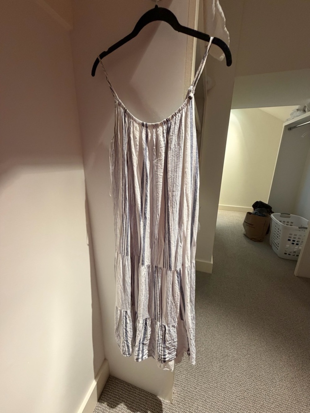 Rails White Dress with Navy Pinstripes